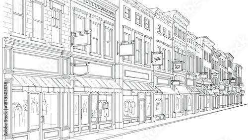 Classic commercial street storefronts architectural sketch