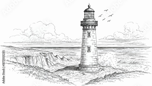 Seaside lighthouse on rocky cliff sketch