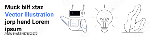 Innovation, technology, creativity, science, sustainability, ecology. Robot with antennas, a sprout growing inside a lightbulb and a minimal plant outline. Innovation and technology concepts