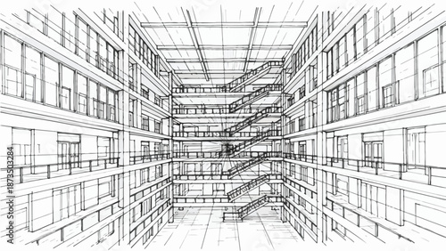 Interior architectural sketch of modern multi story atrium