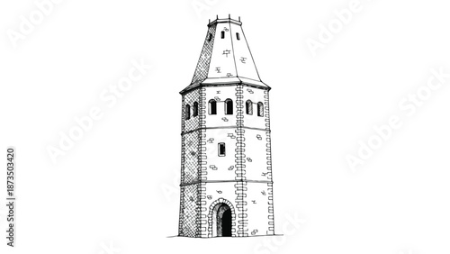 Medieval stone tower fortress architectural heritage sketch