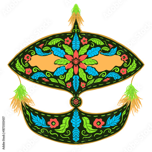 Traditional Malaysian Wau Bulan illustration. Moon Kite with Intricate Floral Motif Patterns on White Background