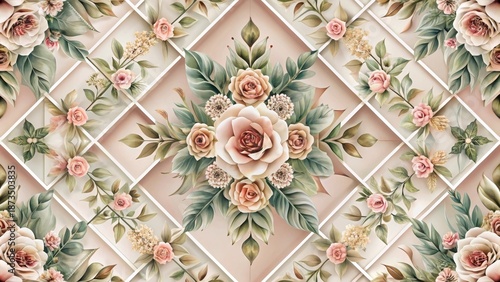 Elegant Floral Pattern with a Geometric Design Featuring Roses and Greenery in Soft Pastel Tones