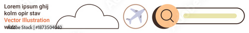 Travel planning, online navigation, vacation booking, flight search, tourism, digital interface tools. Cloud, airplane icon and search bar design elements. Travel planning and online navigation