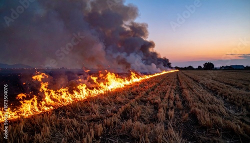 Agricultural field burning at dusk with bright orange flames and thick smoke rising from dry stubble.