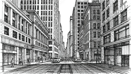 Perspective street view of dense metropolitan skyscrapers