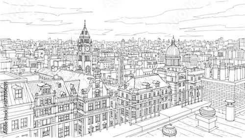 Aerial bird eye view of historic city rooftops sketch