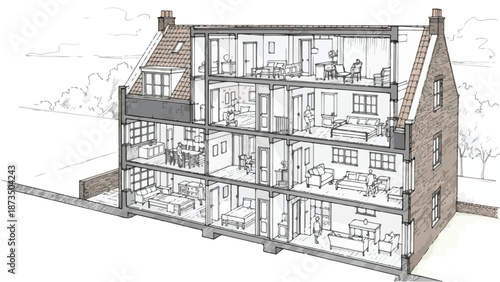 Cross section cutaway of three story townhouse building