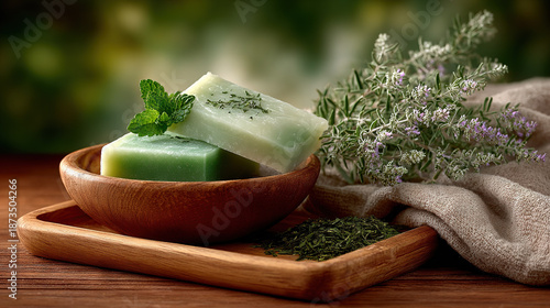 Green mint soap bars on wooden tray with herbs