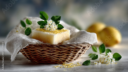 Handcrafted soap with chamomile flowers in a woven basket