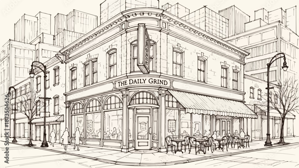 Fototapeta premium Classic corner cafe restaurant building architectural sketch