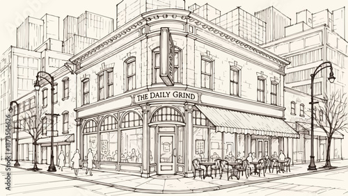 Classic corner cafe restaurant building architectural sketch