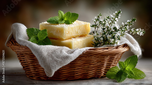 Fresh Mint Leaves on Soft Soap in Wicker Basket