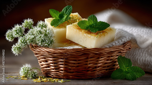 Fresh cheese cubes with mint leaves in a woven basket