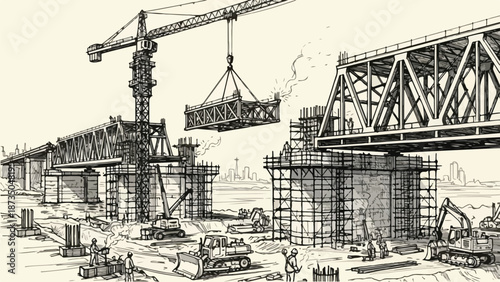 Industrial construction site with heavy crane and bridge sketch