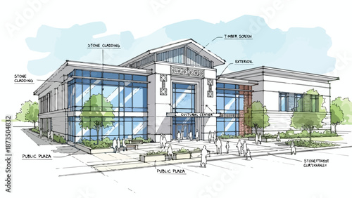 Modern community center building with glass facade sketch