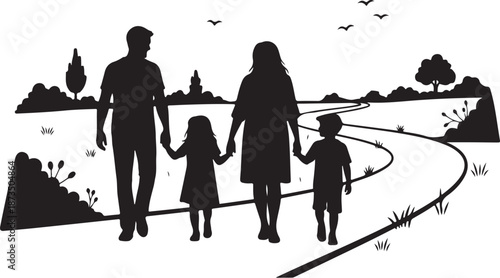 Family walking together on a winding path outdoors happily