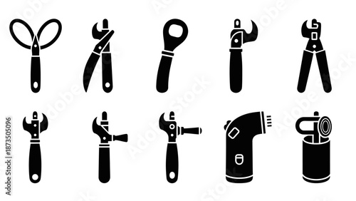 Collection of various black tool icons on white background.