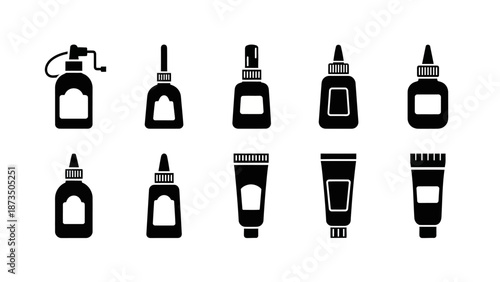 Collection of different glue bottles and tubes in black and white vector illustration.