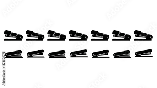 A pattern of black staplers on a white background, office supplies.