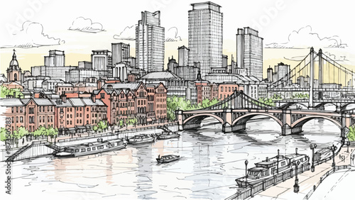City river waterfront with bridge and buildings sketch