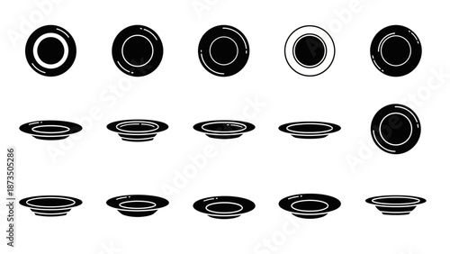 Collection of black and white UFO icons in various angles.