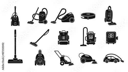 Collection of black and white vector icons of vacuum cleaners of different types.