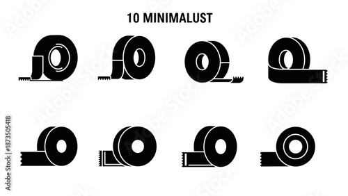 Collection of black and white minimalist tape roll illustrations on white background.