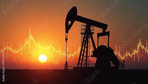 Oil pump silhouette. Economic graphs merge with sunset background. Concept of energy market financial impact. Illustration visualizes crude oil industry trade business analysis and global economy.