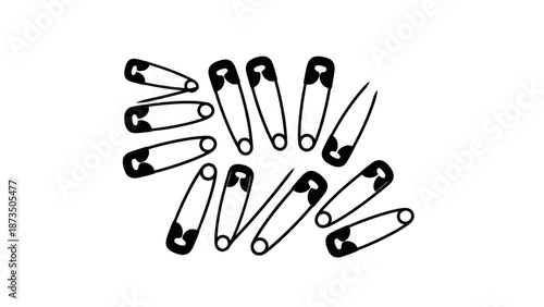 A simple black and white illustration of safety pins scattered on a white background.