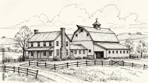Countryside farmhouse with barn and fence architectural sketch