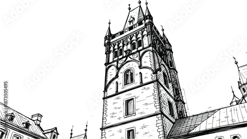 Classical church tower facade architectural detail sketch