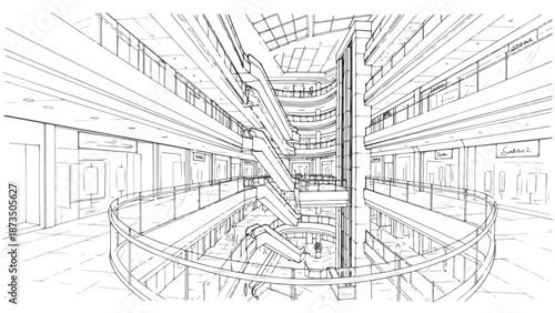 Wide interior mall atrium with escalator sketch