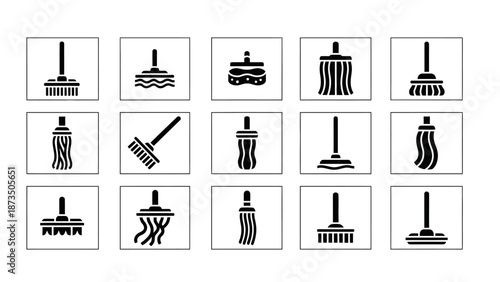 Collection of different mop icons in black and white.