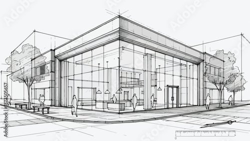 Modern corner showroom building architectural sketch