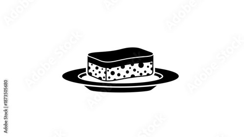 Simple black and white vector illustration of a sponge cake on a plate.