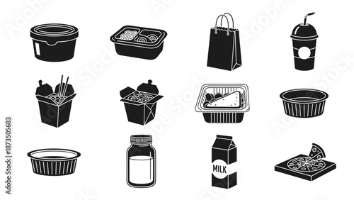 Collection of takeaway food and drink containers in black and white vector format.