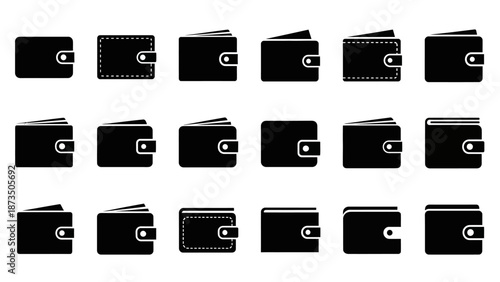 Collection of different wallet icons in black and white.
