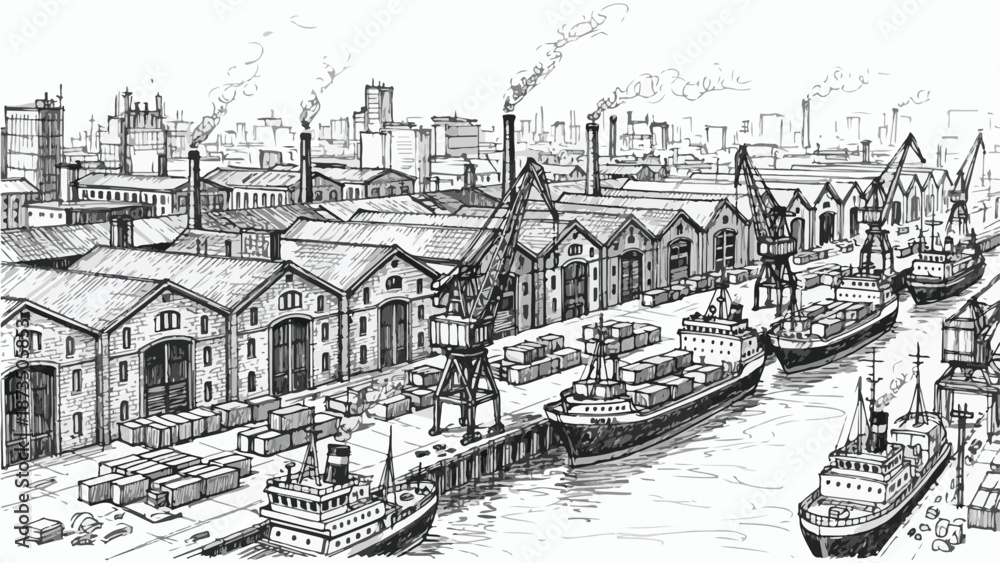 Obraz premium Busy industrial shipping harbor port sketch