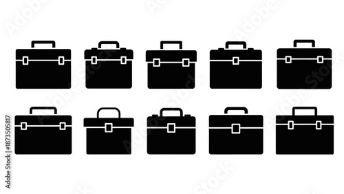 Collection of black briefcase icons on a white background.