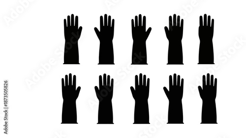 A pattern of black gloves on a white background creates a striking visual.