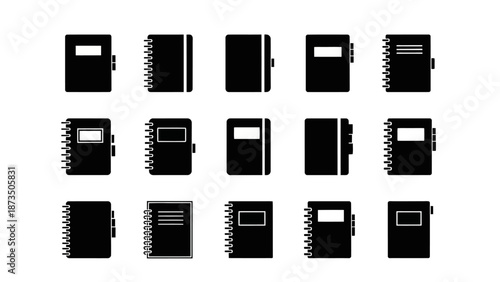 Collection of black notebook icons on a white background.