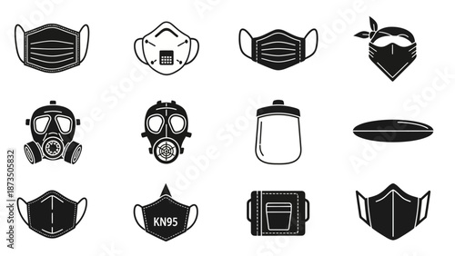 Collection of various protective masks and respirators in black and white.