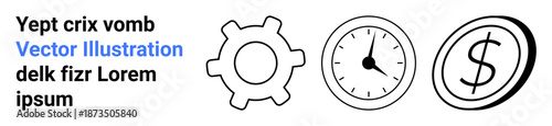 Productivity, time management, financial planning, workflow optimization, efficiency, profitability. A gear, clock and dollar sign in black line art. Productivity and time management