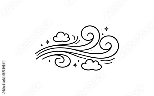 Whimsical hand-drawn wind and clouds illustration with sparkling stars