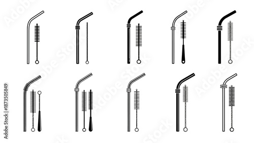 Collection of reusable metal straws with cleaning brushes on white background.