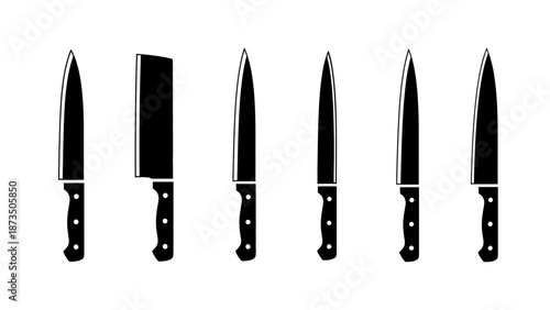 Collection of various kitchen knives in black and white vector format.