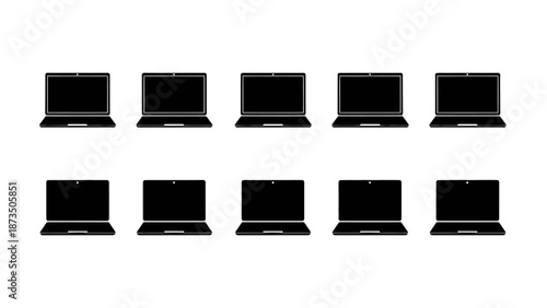 A pattern of black laptop computers on a white background creates a modern and minimalist design.