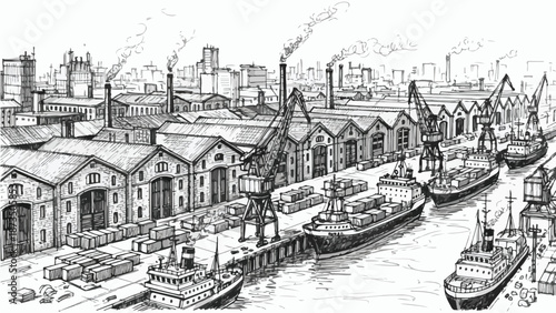 Busy industrial shipping harbor port sketch