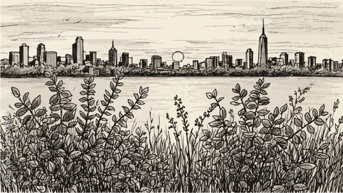 Wide river city skyline with reeds foreground sketch